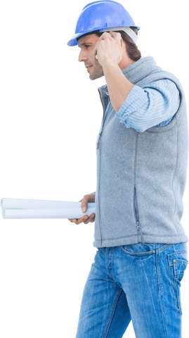 caucasian engineer on phone with blueprints transparent background - Download Free Stock Videos Pikwizard.com