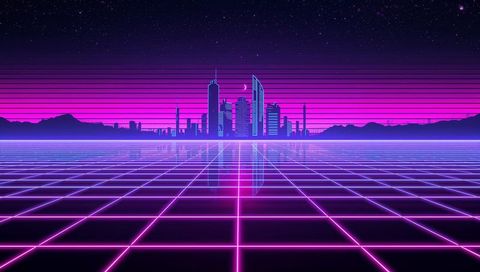Glowing neon skyline reflecting on endless grid plane at night in retro-futuristic style