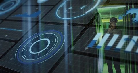 Engineer monitoring server cabinets with holographic AR overlays in futuristic datacenter