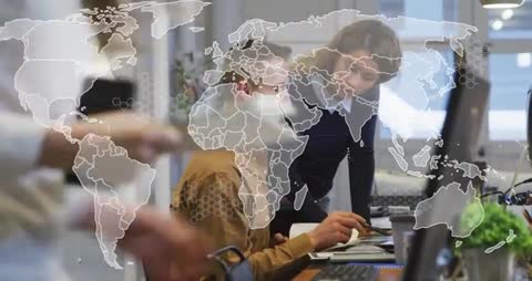 Colleagues Collaborating with Digital Map Overlay for Global Planning