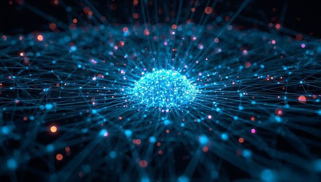 Ai neural core radiating neon connections across 3d digital network mesh