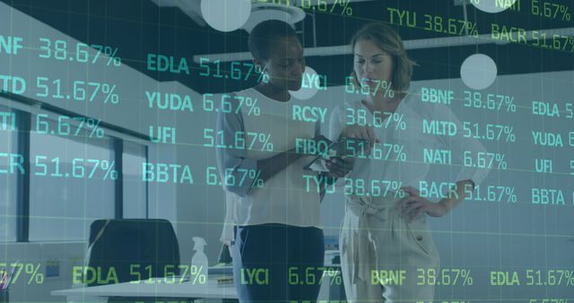 Two Businesswomen Analyzing Data on Tablet in Digital Stock Exchange Background - Download Free Stock Images Pikwizard.com