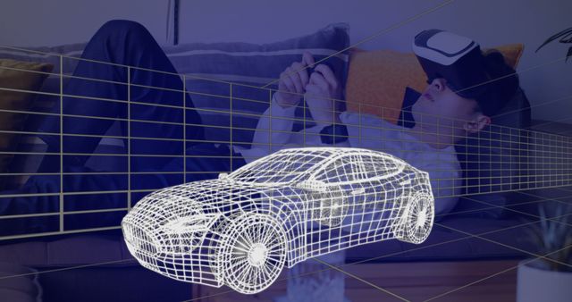 Image of 3d technical drawing of a car in white, with moving grid and a young man using game controller and VR headset in the background 4k