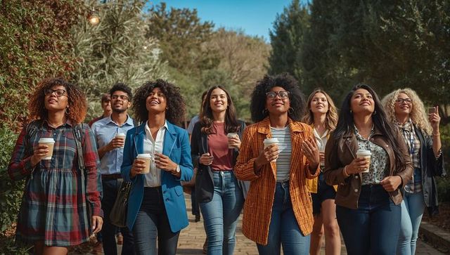 Diverse group walking with takeaway coffee on sunlit park path, smiling and chatting