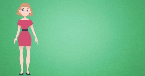 Cartoon woman in pink dress with green background