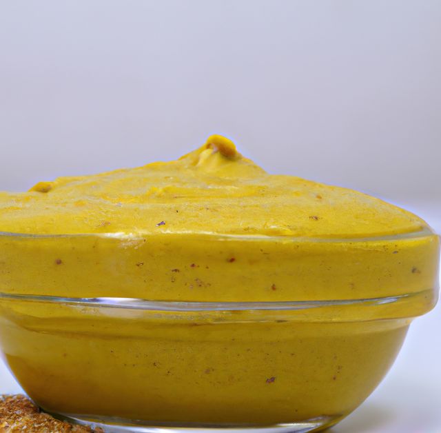 Freshly made smooth mustard presented in a clear glass bowl. Rich yellow hue contrasts against a minimalist white background, enhancing the visual appeal. Ideal for culinary blogs, recipe websites, food catalogs, seasoned spice promotions, and catering services.