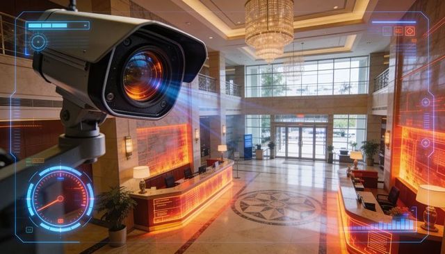 Monitoring Security Camera Scanning Luxury Hotel Lobby with Futuristic HUD Overlays
