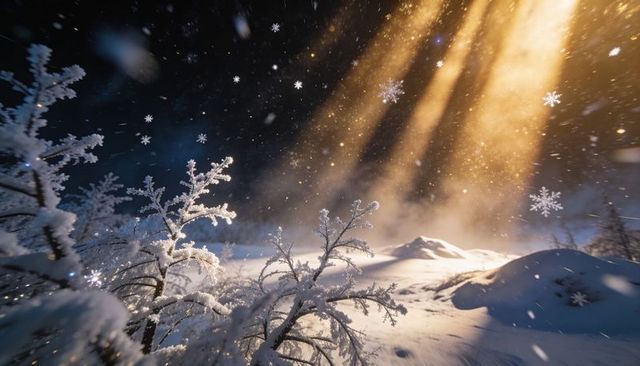 Golden light beams piercing snowy night landscape with frost-coated shrubs and mist