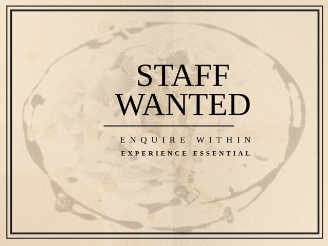 Retro-style job ad with antique aesthetic, ideal for cafes, bars, or themed businesses. Emphasizes need for experienced staff. Suitable for print or online campaigns seeking experienced personnel in classic industry roles.