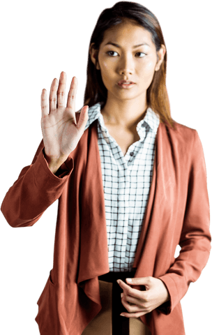 Transparent Asian Businesswoman Holding Up Hand, Serious Expression