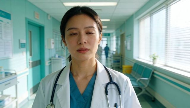Fatigued female doctor standing in hospital corridor wearing teal scrubs and white coat