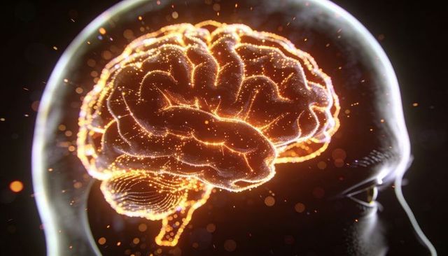 Luminescent Neural Brain Inside Transparent Head Silhouette with Pulsing Particles