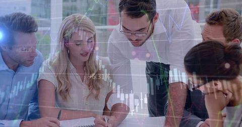 Team collaboration on financial strategy with data analysis overlay