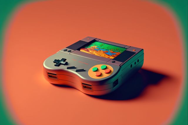 Retro gaming console and pad on orange to green background, created using generative ai technology. Retro video game and home entertainment concept digitally generated image.