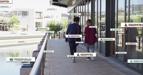 Digital Tags Surround Pedestrians in Futuristic Urban Scene