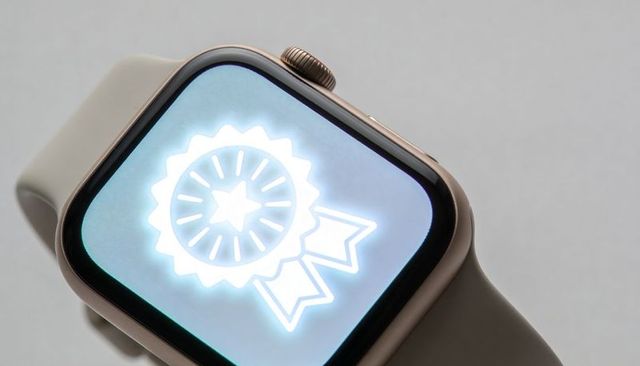 Rose gold smartwatch showing glowing award badge on minimal gray surface close-up designer