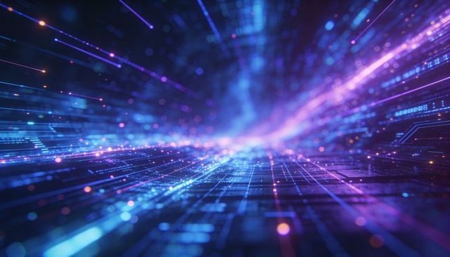 Neon Data Stream Vanishing Into Horizon — Futuristic Cyber Grid with Glowing Nodes