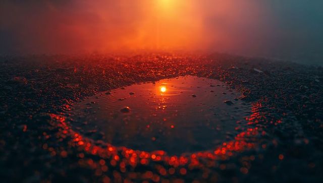 Reflective sunset puddle on wet surface with moisture