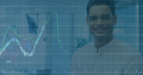 Smiling Professional Behind Dynamic Financial Graph Overlay