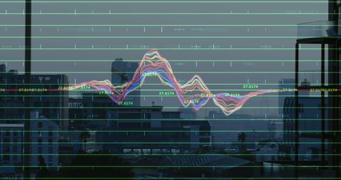 Financial data processing superimposed on cityscape at dusk