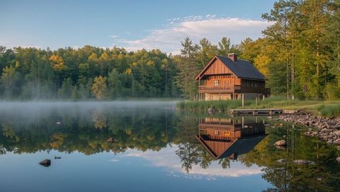 Morning Mist Reflecting Lakeside Cabin on Glassy Lake, Wooden Lodge Nesting in Forest