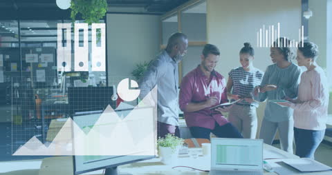 Diverse Team Engaging in Data Meeting with Animated Charts