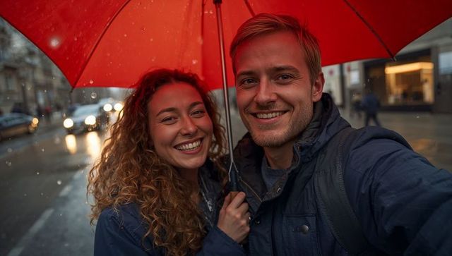 Romantic Couple Under Red Umbrella on Vibrant Rainy Street