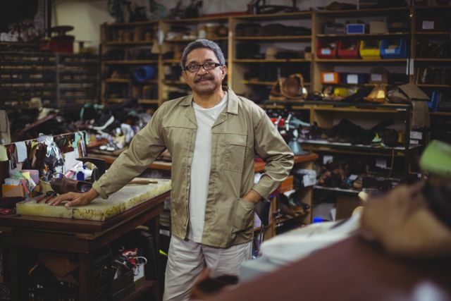 Portrait of shoemaker standing with hand in pocket in workshop
