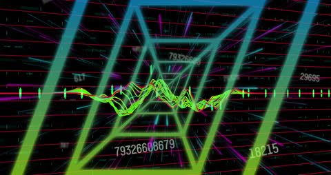 Futuristic Neon Data Tunnel with Digital Waveforms