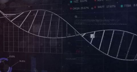 Curving DNA double helix overlaying dark data dashboard with charts and analytics