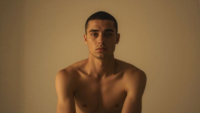 Minimalist bare-chested male portrait with warm chiaroscuro lighting and neutral gaze