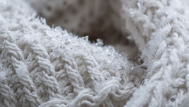 Cream knitwear macro showing rib and cable stitches with delicate ice crystals on fibers