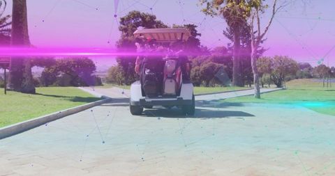 Driving golf cart carrying golfers in polos on sunlit course with magenta tech overlay