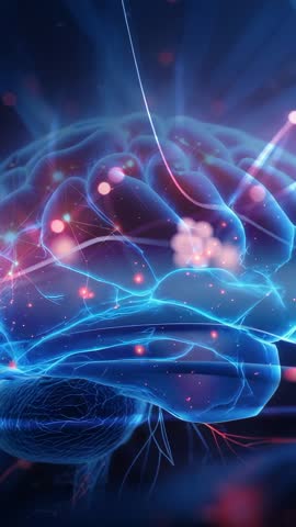 Animating 3D brain firing neural nodes with scanning beam in deep blue space