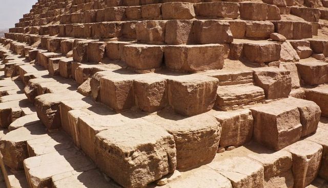 Close-up of ancient pyramid limestone blocks showing weathered steps and desert erosion