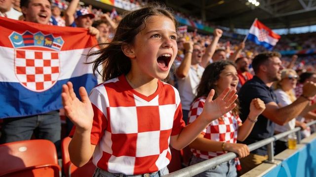 Young croatian fan cheering energetically in stadium wearing red white checkerboard jersey