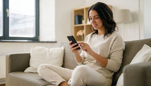 Smiling woman relaxing on sofa using smartphone for messaging, shopping, banking at home