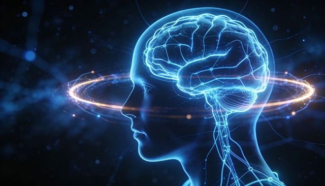 Neon brain network with orbiting data ring, futuristic ai neural circuitry concept