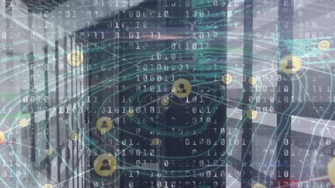 Binary Code Overlay on Server Room with AI Representation