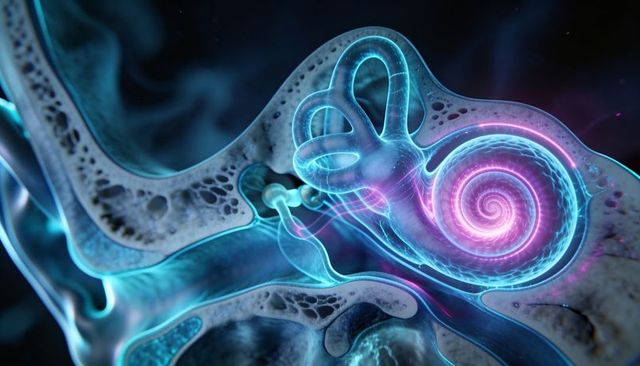 Bioluminescent inner ear anatomy showing glowing cochlea, semicircular canals and neural pathways