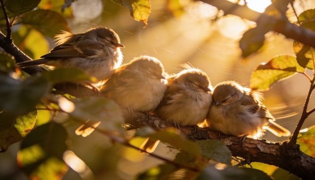 Four fluffy fledglings huddling on sunlit branch at golden hour, backlit feathers
