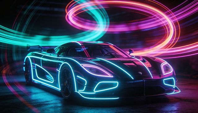 Neon-lit supercar with cyan and magenta light trails sweeping futuristic garage promo