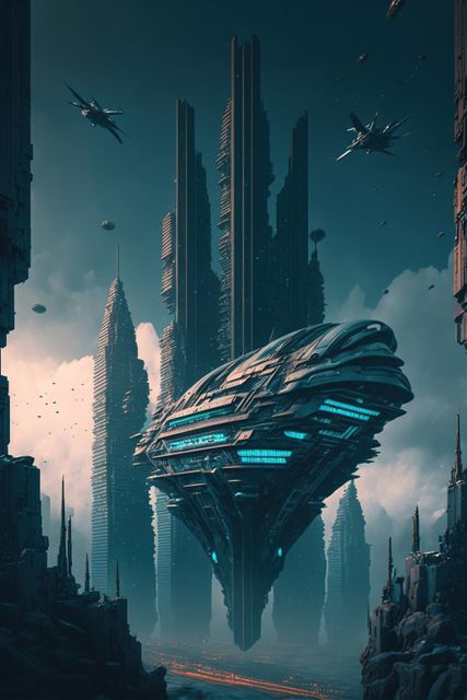 Image of futuristic cityscape with space ships, created using generative ai technology. City and futuristic concept, digitally generated image.