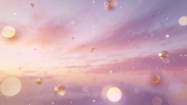 Golden bokeh particles drifting through pastel sunrise sky with ethereal glow