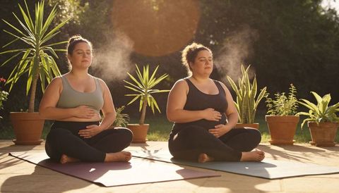 Two women meditating with hands on belly on sunlit patio yoga mats with plants surrounding