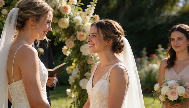 Two brides exchanging vows at sunlit garden arch with lace gowns and floral bouquets