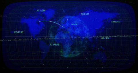 Global Data HUD with Neon Grid and Translucent Globe Showing Real-Time Analytics Overlay