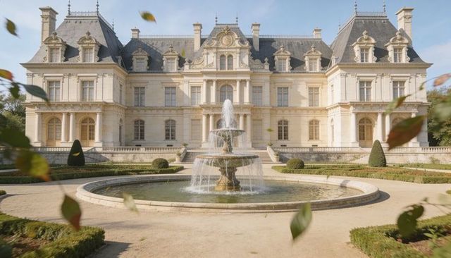 Showcasing baroque mansion with central three-tier fountain and formal garden forecourt