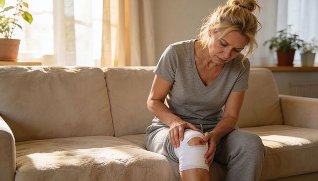 Middle-aged woman inspecting bandaged knee on couch in sunlit living room
