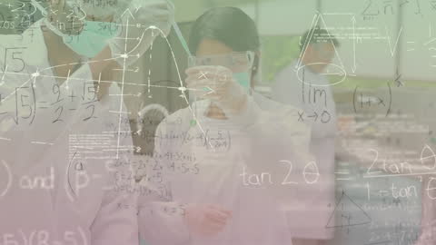 Scientists Analyzing Data with Mathematical Equations Overlay